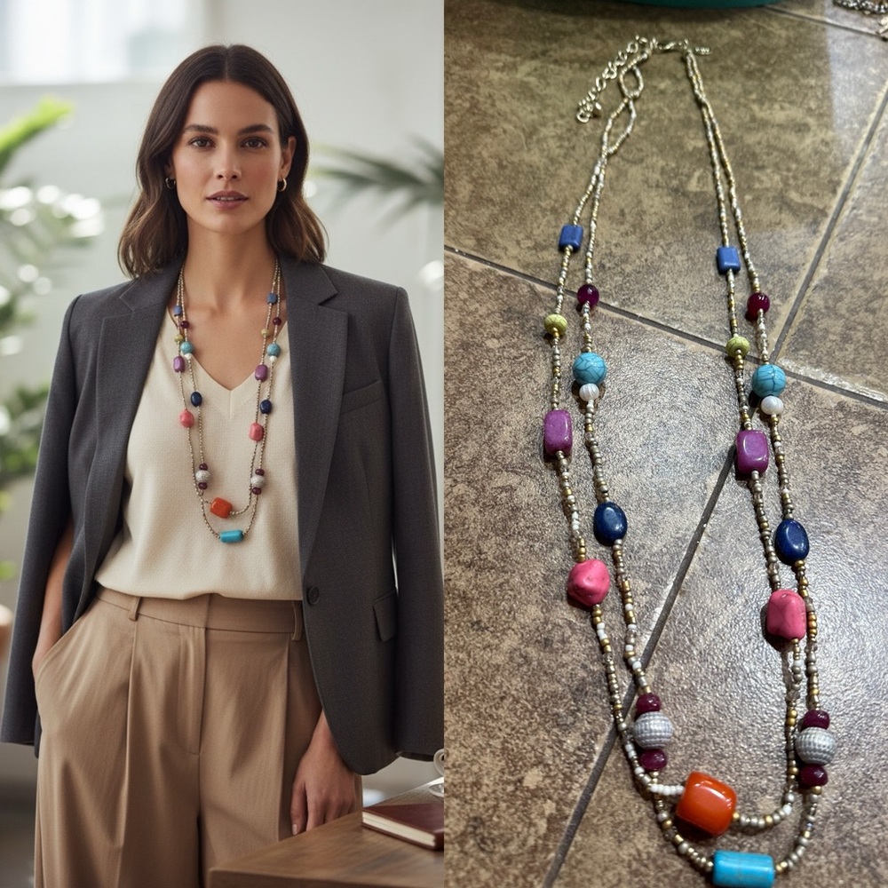 Chico’s Multi Strand Beaded Necklace | Colorful Stone & Seed Bead Layered